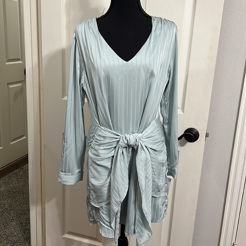 NWT Layden Beautiful Satin Stripe Long Sleeve Wrap Front Dress Mint Green Size S